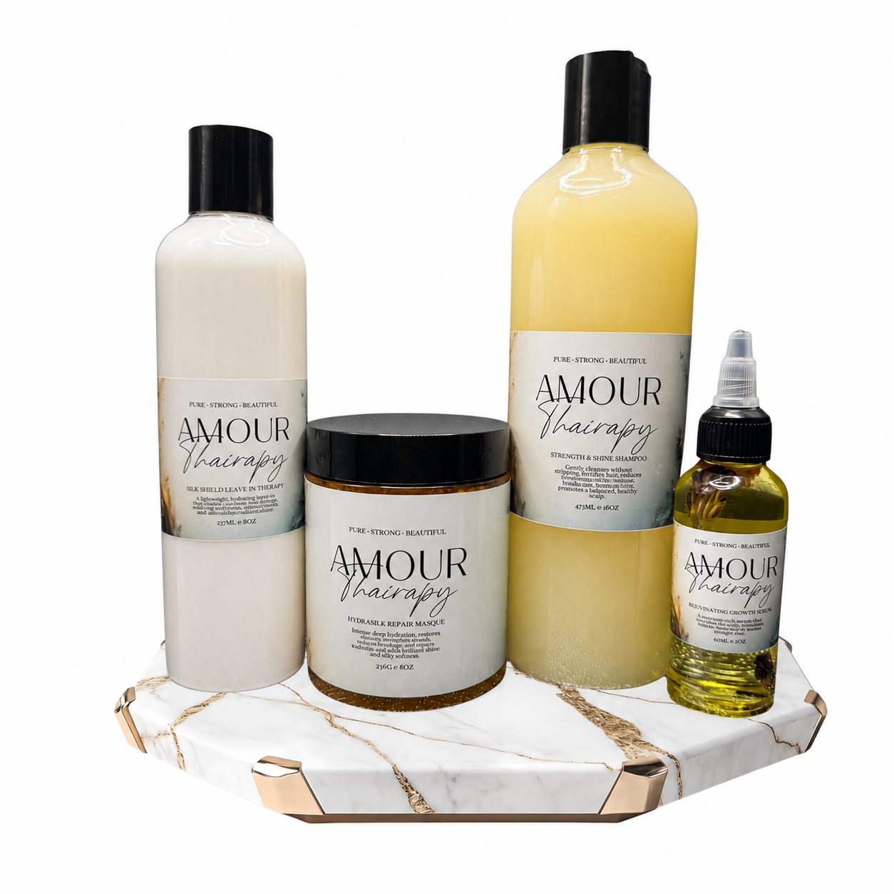 Amour Thairapy Haircare line.  Rejuvenating Growth Serum, Hair Masque,  Shampoo, and Leave-In. 
