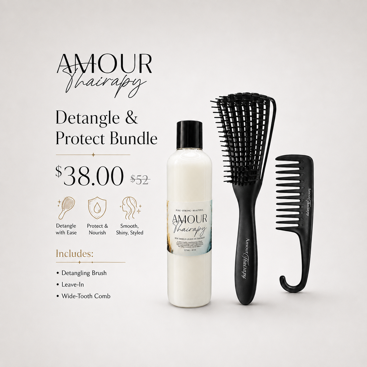 Amour Thairapy Detangle & Protect Bundle. Includes Detangling brush, Leave-In, and Wide Tooth Comb