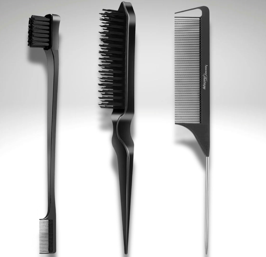 Amour Thairapy Styling Trio includes Rattail comb, edge brush, and smoothing hairbrush