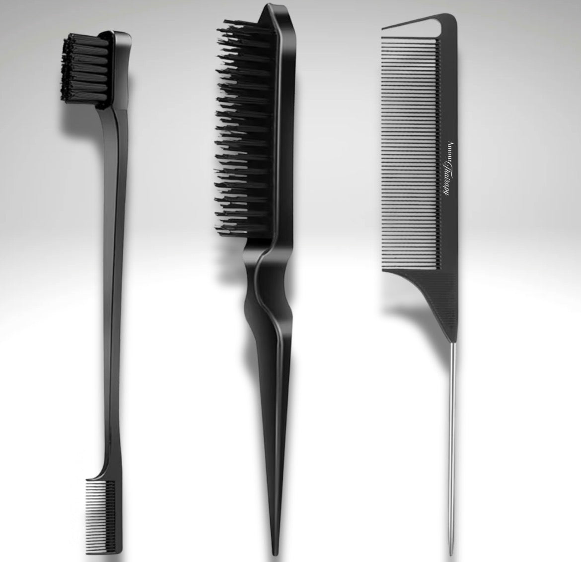 Amour Thairapy Styling Trio includes Rattail comb, edge brush, and smoothing hairbrush